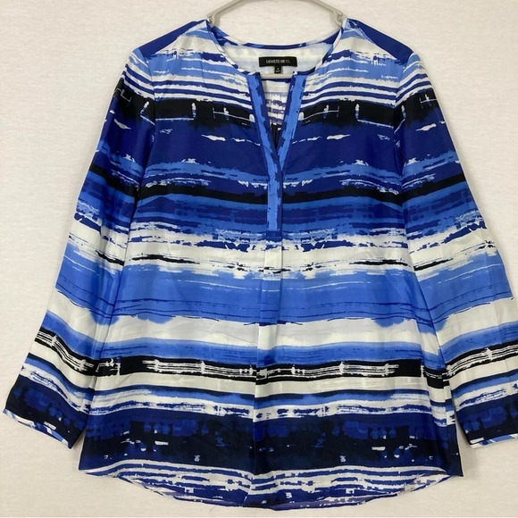 Lafayette 148 New York Blue Black Striped Y Neck 100% Silk Popover Top size 6 - Picture 1 of 10